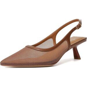 Mostrin Kitten Heel Brown Mesh Low Slingback Heels with Buckle Dress Shoes
